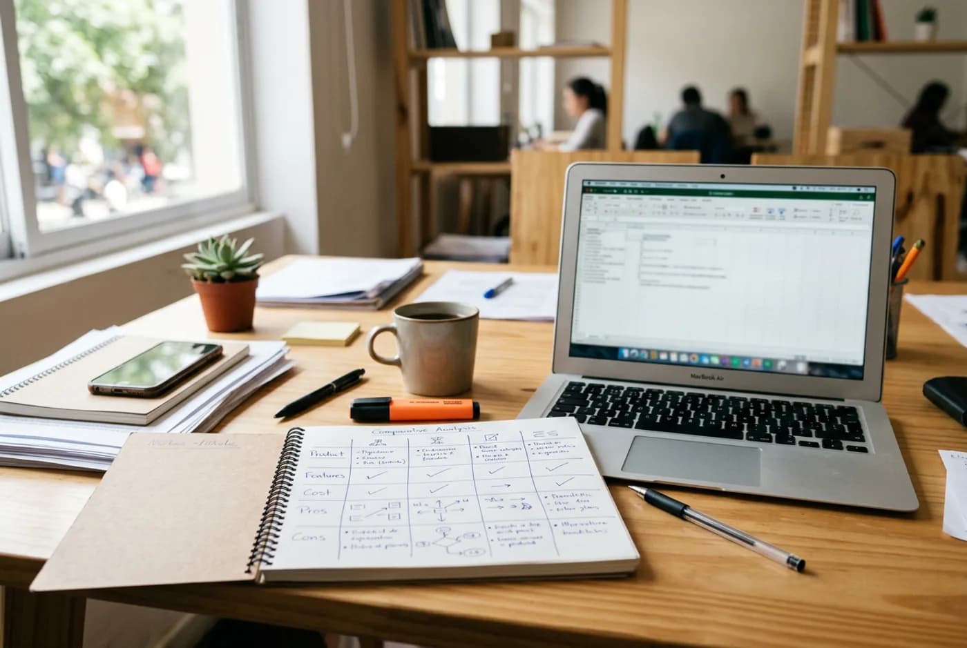 Escritorio de una empresa con un portátil y una tabla comparativa dibujada a mano para decidir un caso de uso de IA.